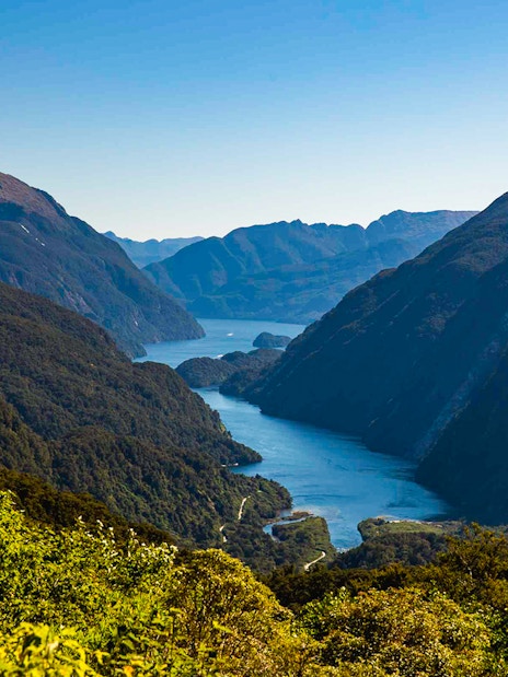 Doubtful Sound view from Wilmot Pass with lush green hills and winding waterway.