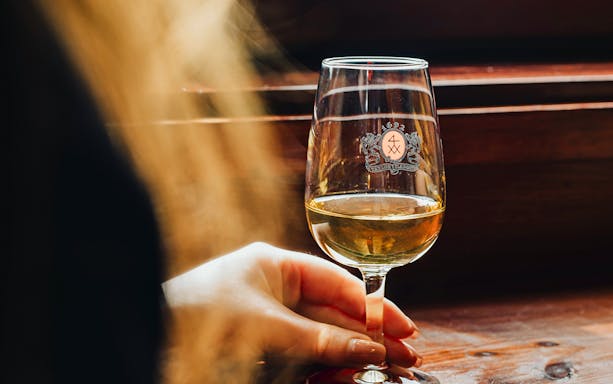 Glass of white wine at Taylor's Port Wine Shop & Tasting Room.