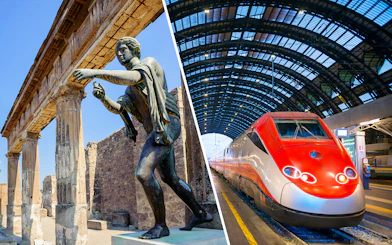 Pompeii ruins with statue and Campania Express train at station.