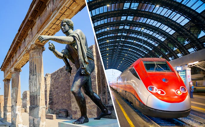 Pompeii ruins with statue and Campania Express train at station.
