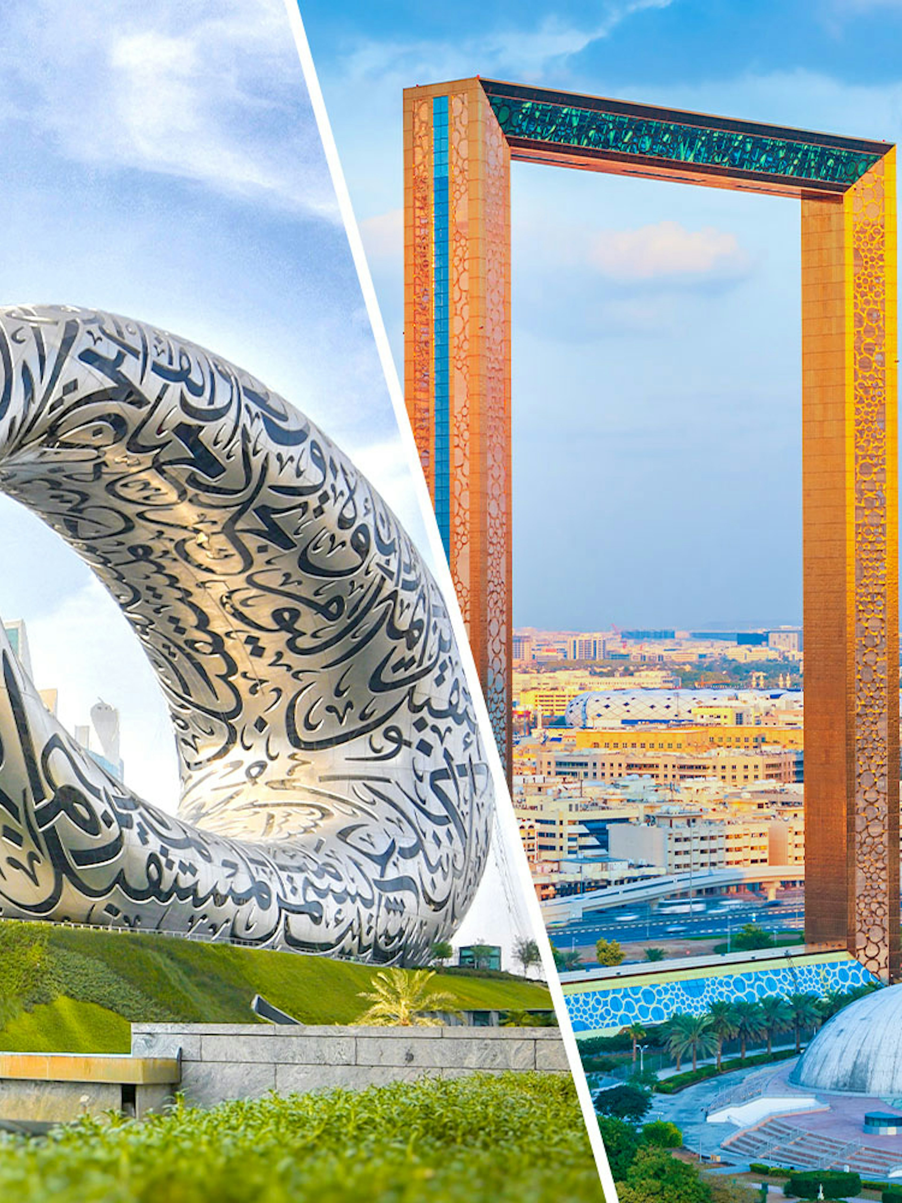 Museum of the Future and Dubai Frame in city skyline, Dubai.