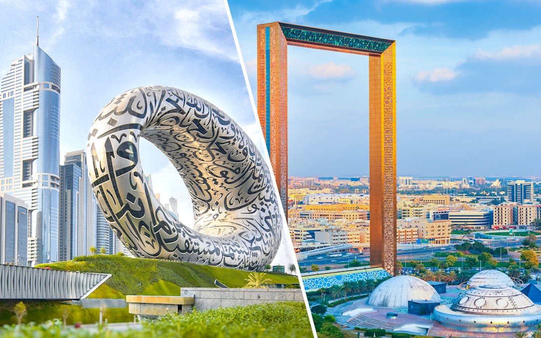 Museum of the Future and Dubai Frame in city skyline, Dubai.