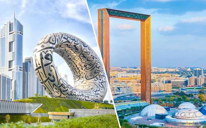 Museum of the Future and Dubai Frame in city skyline, Dubai.
