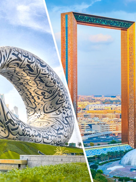 Museum of the Future and Dubai Frame in city skyline, Dubai.
