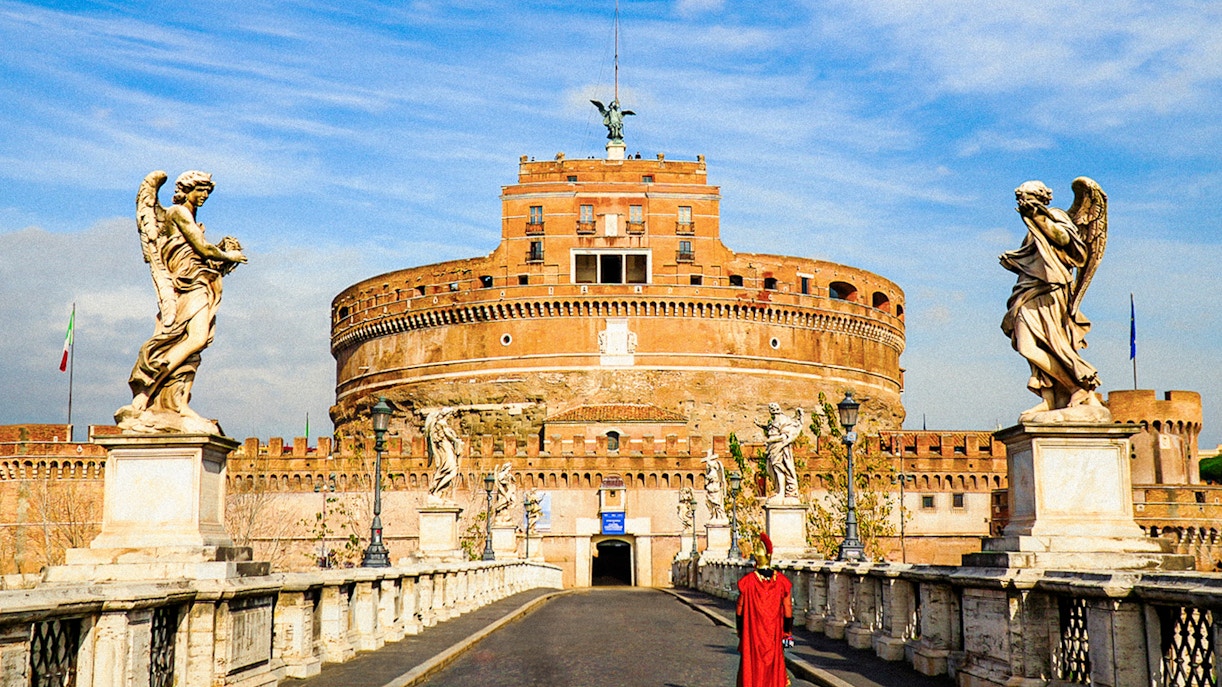 Castel Sant'Angelo exterior with statues on Ponte Sant'Angelo, Rome.