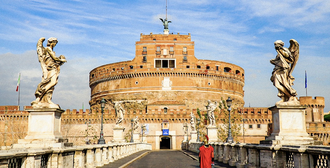 Castel Sant'Angelo exterior with statues on Ponte Sant'Angelo, Rome.