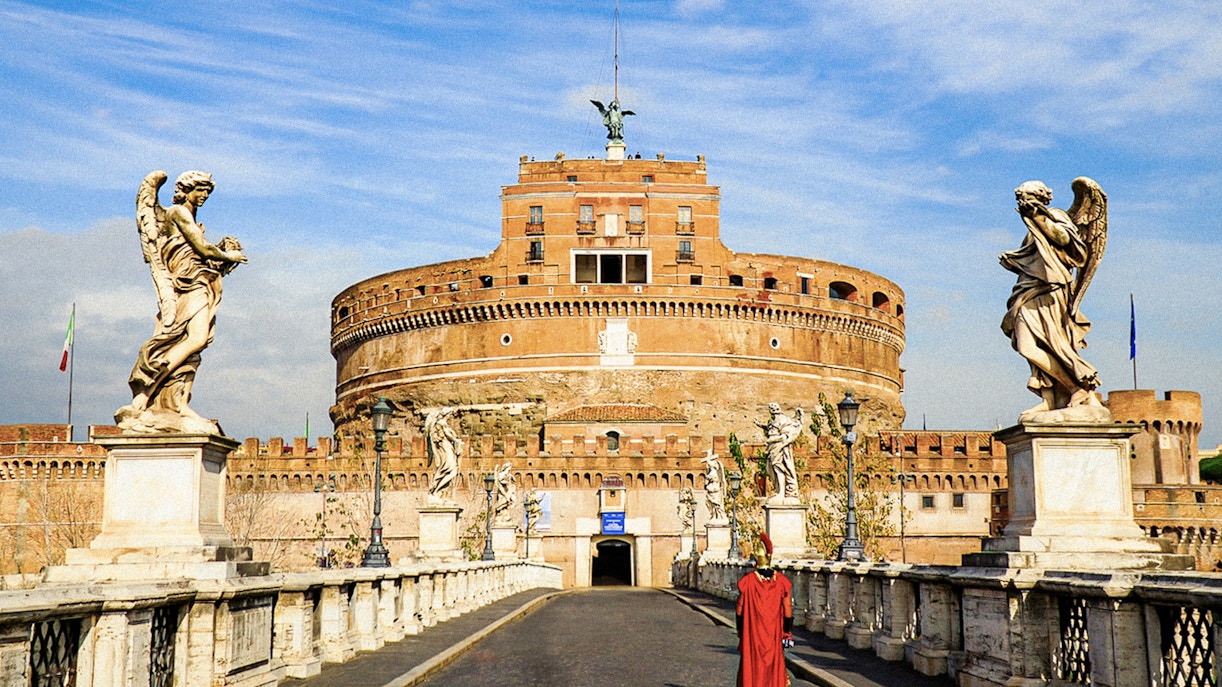 Castel Sant'Angelo exterior with statues on Ponte Sant'Angelo, Rome.
