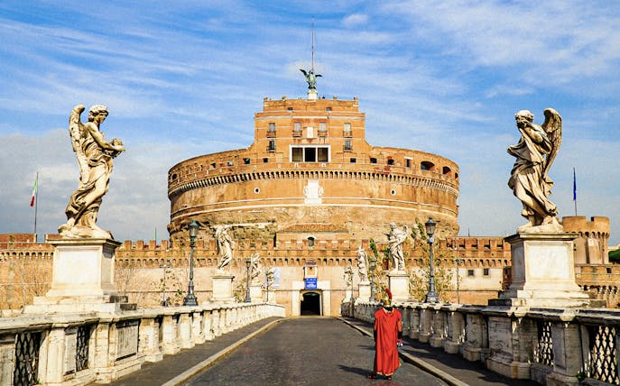 Castel Sant'Angelo exterior with statues on Ponte Sant'Angelo, Rome.