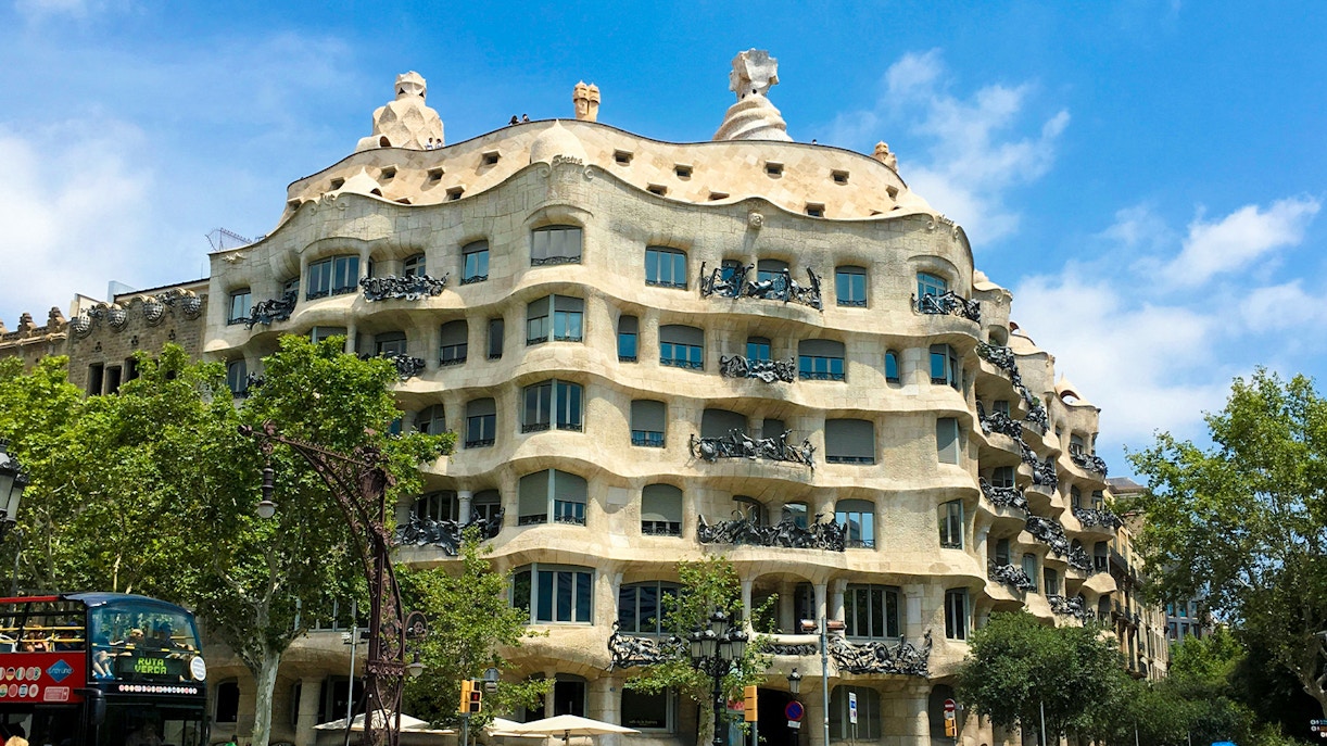 Casa Mila in Barcelona with unique stone facade and wrought iron balconies.