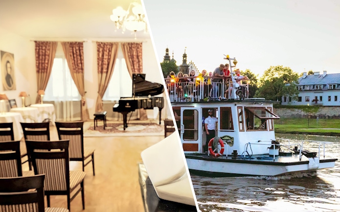 Chopin Gallery concert room with piano and evening river cruise boat with tourists.