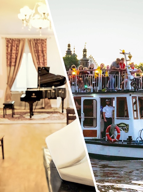 Chopin Gallery concert room with piano and evening river cruise boat with tourists.