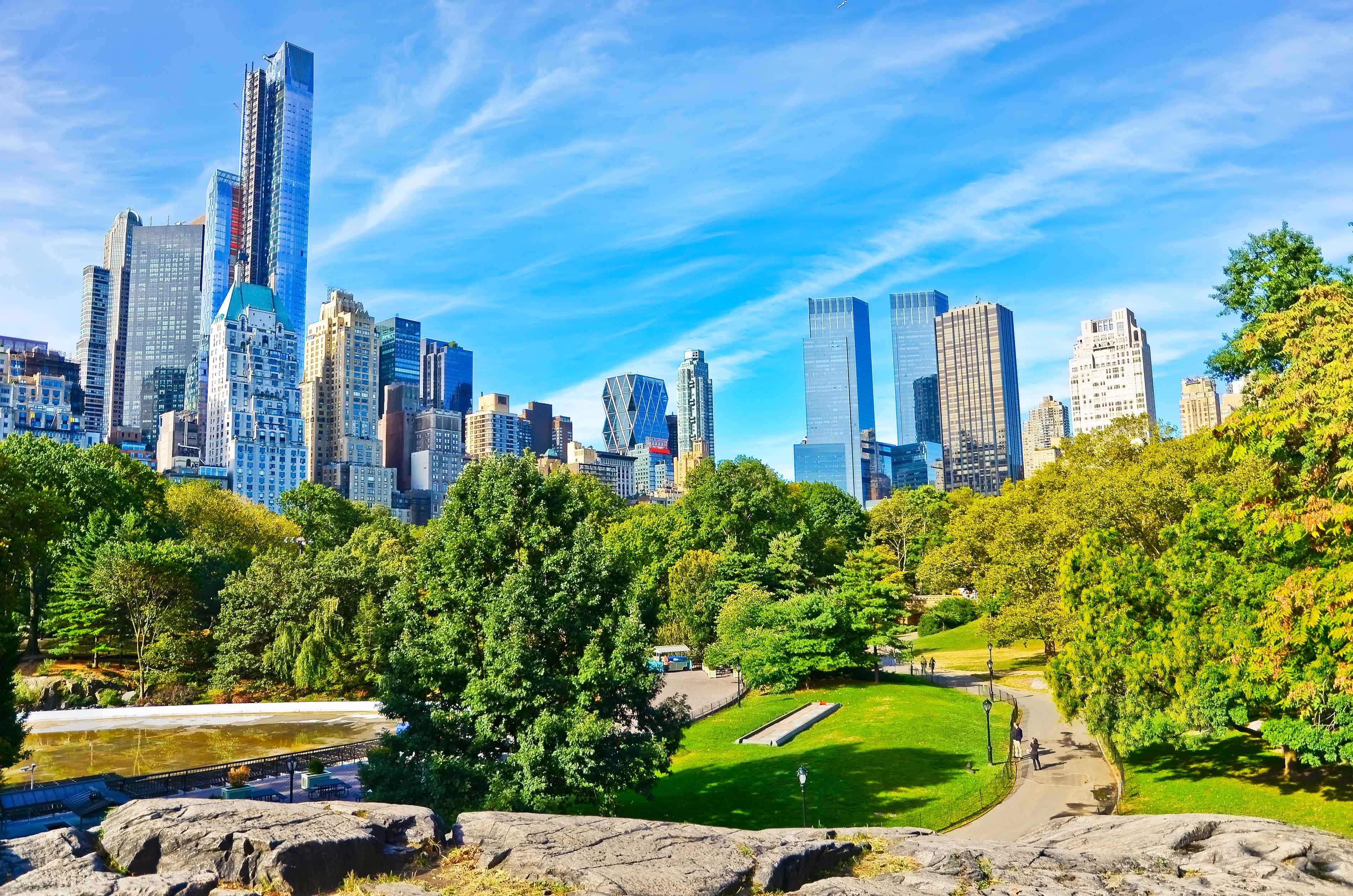 Central Park with New York City skyline in the background.