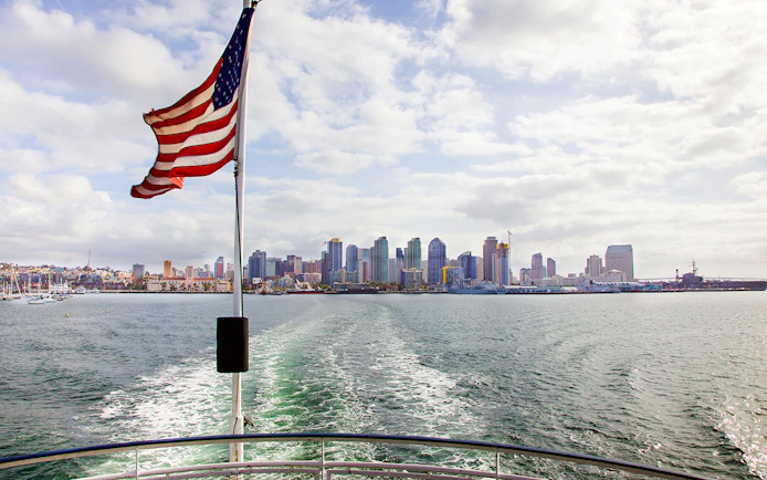 San Diego skyline viewed from a boat on the Best of the Bay Harbor Tour.