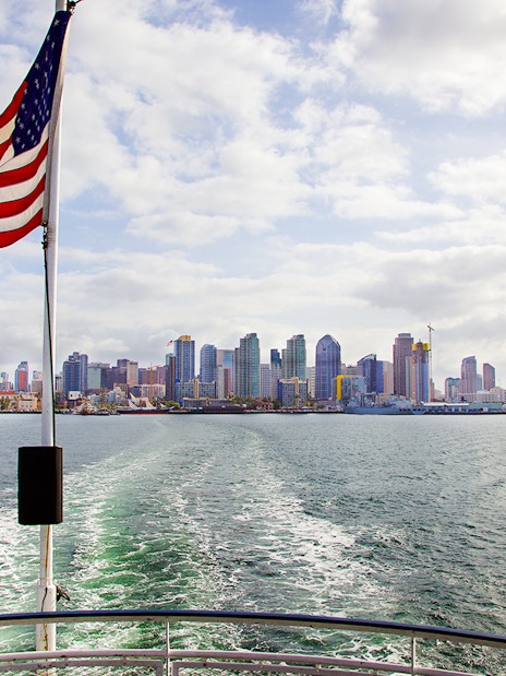 San Diego skyline viewed from a boat on the Best of the Bay Harbor Tour.