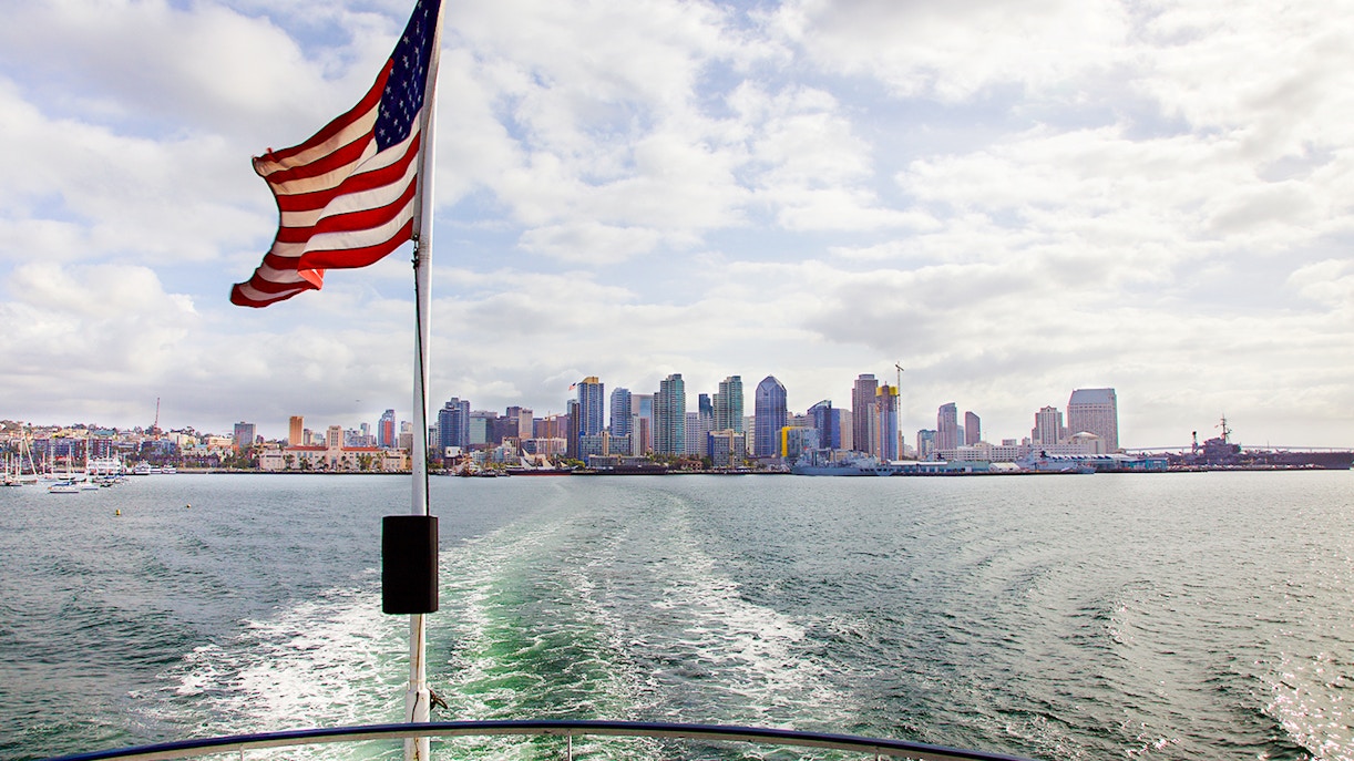 San Diego skyline viewed from a boat on the Best of the Bay Harbor Tour.