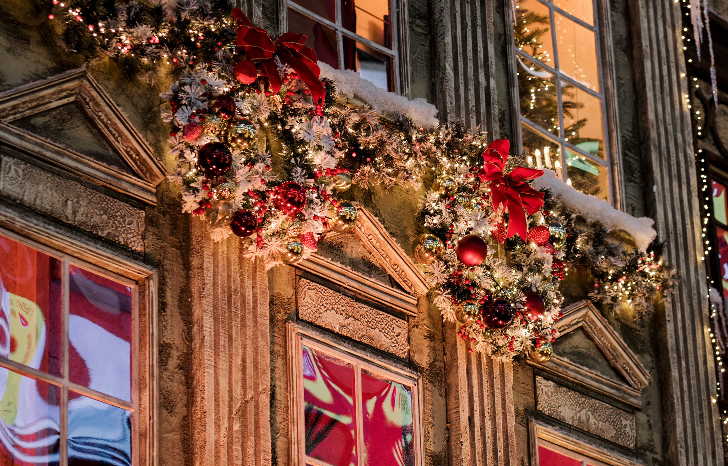 Christmas decorations with festive lights and ornaments.