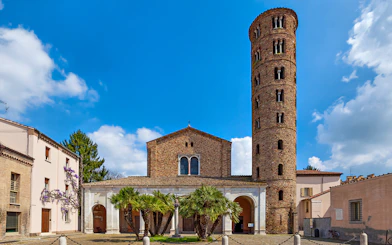 Basilica di Sant'Apollinare Nuovo with its distinctive round bell tower in Ravenna, Italy.