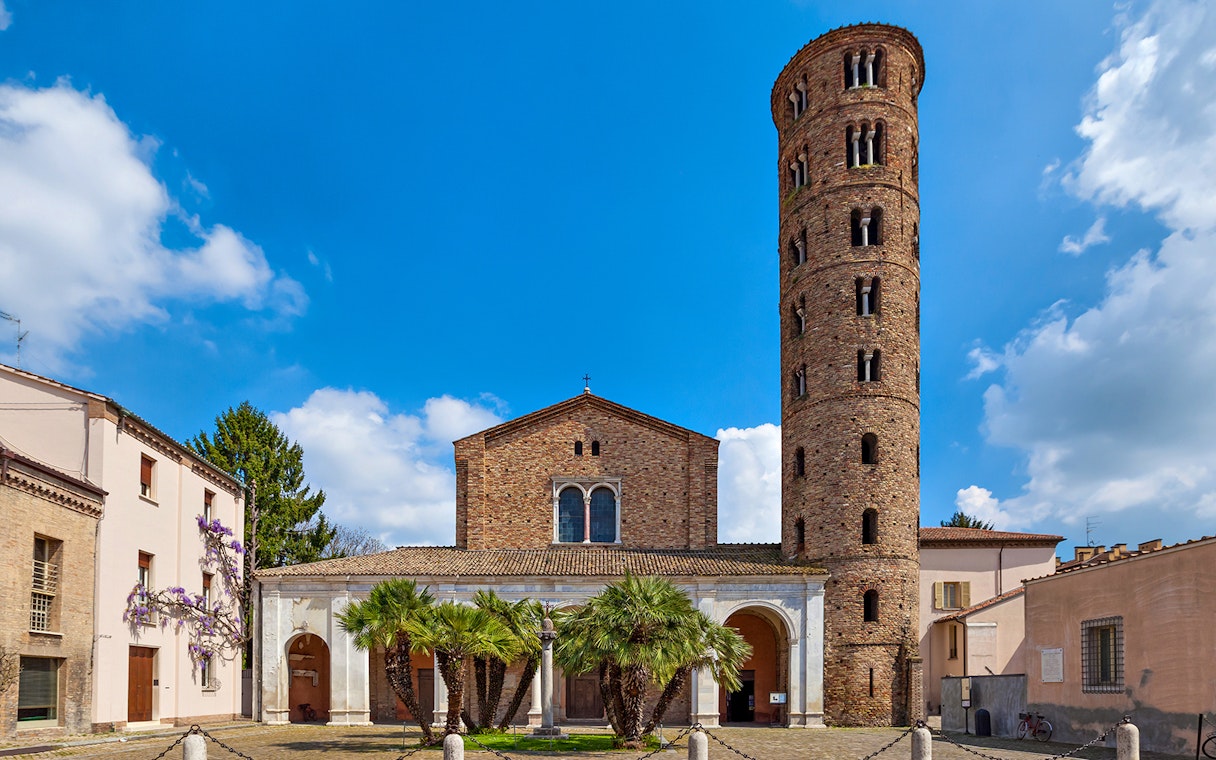 Basilica di Sant'Apollinare Nuovo with its distinctive round bell tower in Ravenna, Italy.