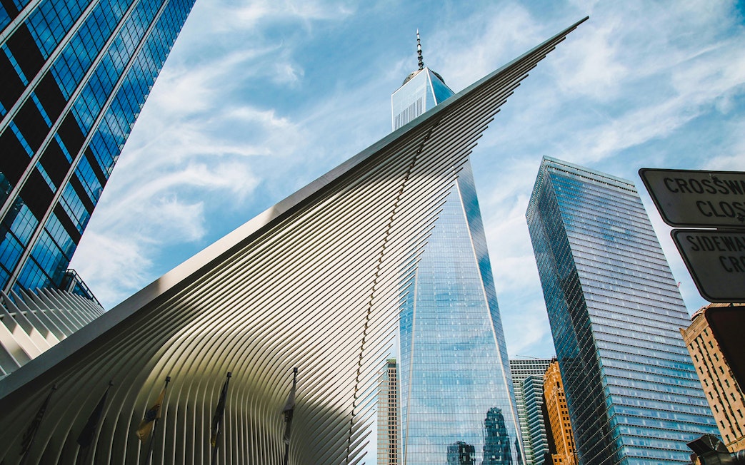 Oculus World Trade Center with One World Trade Center in the background, New York City.