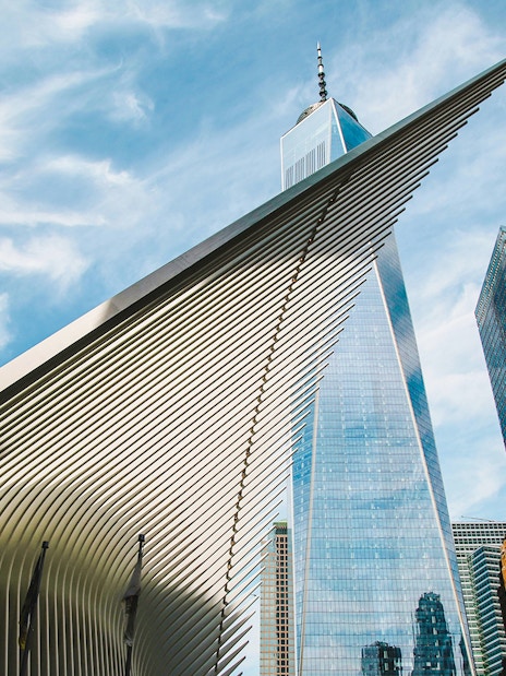 Oculus World Trade Center with One World Trade Center in the background, New York City.