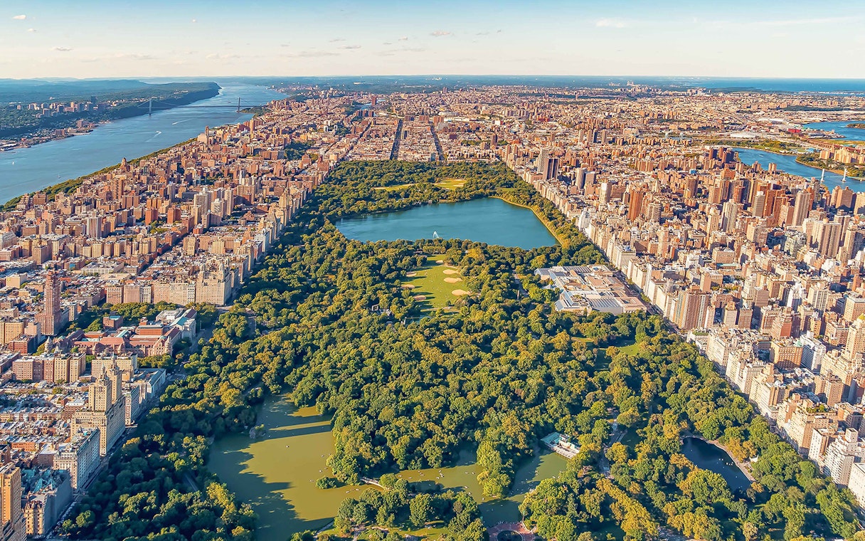 Aerial view of Central Park and Manhattan skyline during NYC helicopter tour.