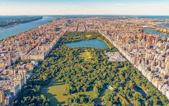 Aerial view of Central Park and Manhattan skyline during NYC helicopter tour.