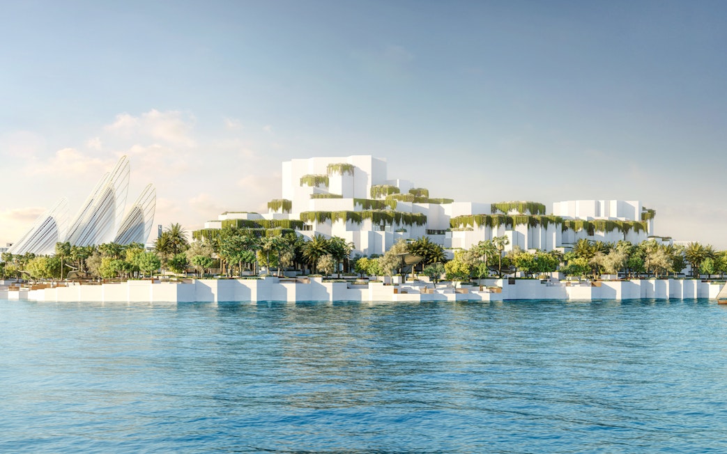 Aerial view of National History Museum Abu Dhabi with modern architecture and waterfront.