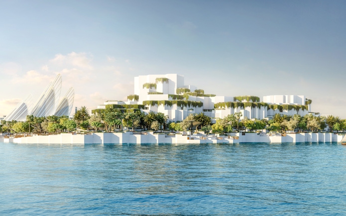 Aerial view of National History Museum Abu Dhabi with modern architecture and waterfront.