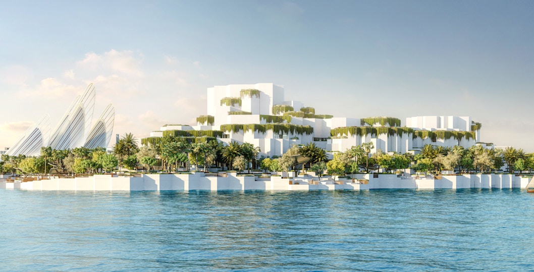 Aerial view of National History Museum Abu Dhabi with modern architecture and waterfront.
