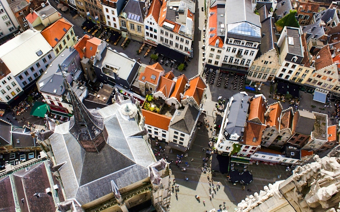 High-angle view of Antwerp's historic city center with Cathedral of Our Lady and surrounding streets.