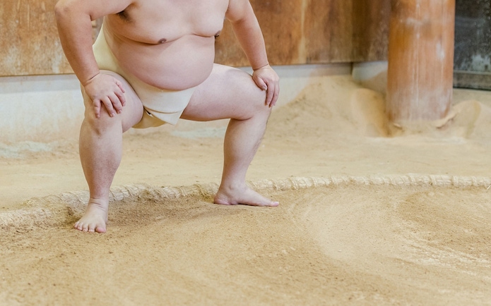Sumo wrestler practicing in a Tokyo training ring.