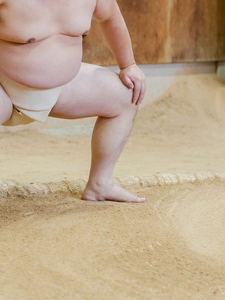 Sumo wrestler practicing in a Tokyo training ring.