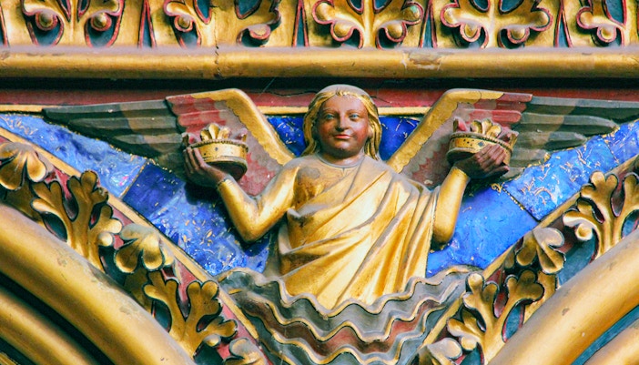 Small angelic statues in the Upper Chapel, Sainte-Chapelle, Paris.