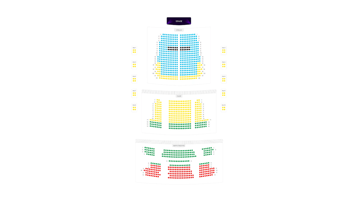 Seating chart for a theater with stalls, club, and amphitheatre sections.