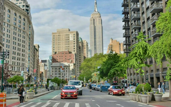 Manhattan street view with Empire State Building, part of Secret Societies of Manhattan tour, New York.