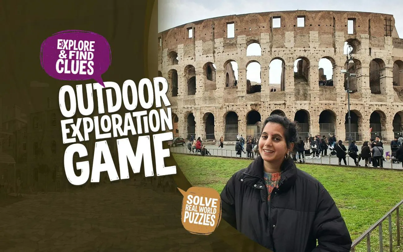 Self-guided exploration game at the Colosseum, Rome, featuring outdoor clues and puzzles.