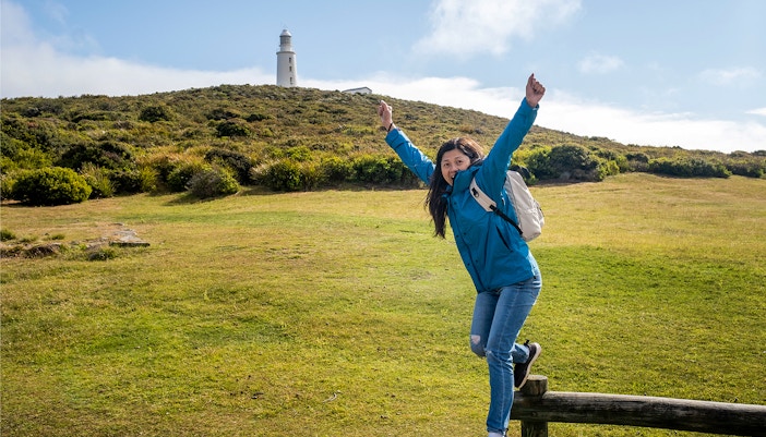 South Bruny Island National Park coastline with rugged cliffs and ocean waves, Tasmania, Australia.