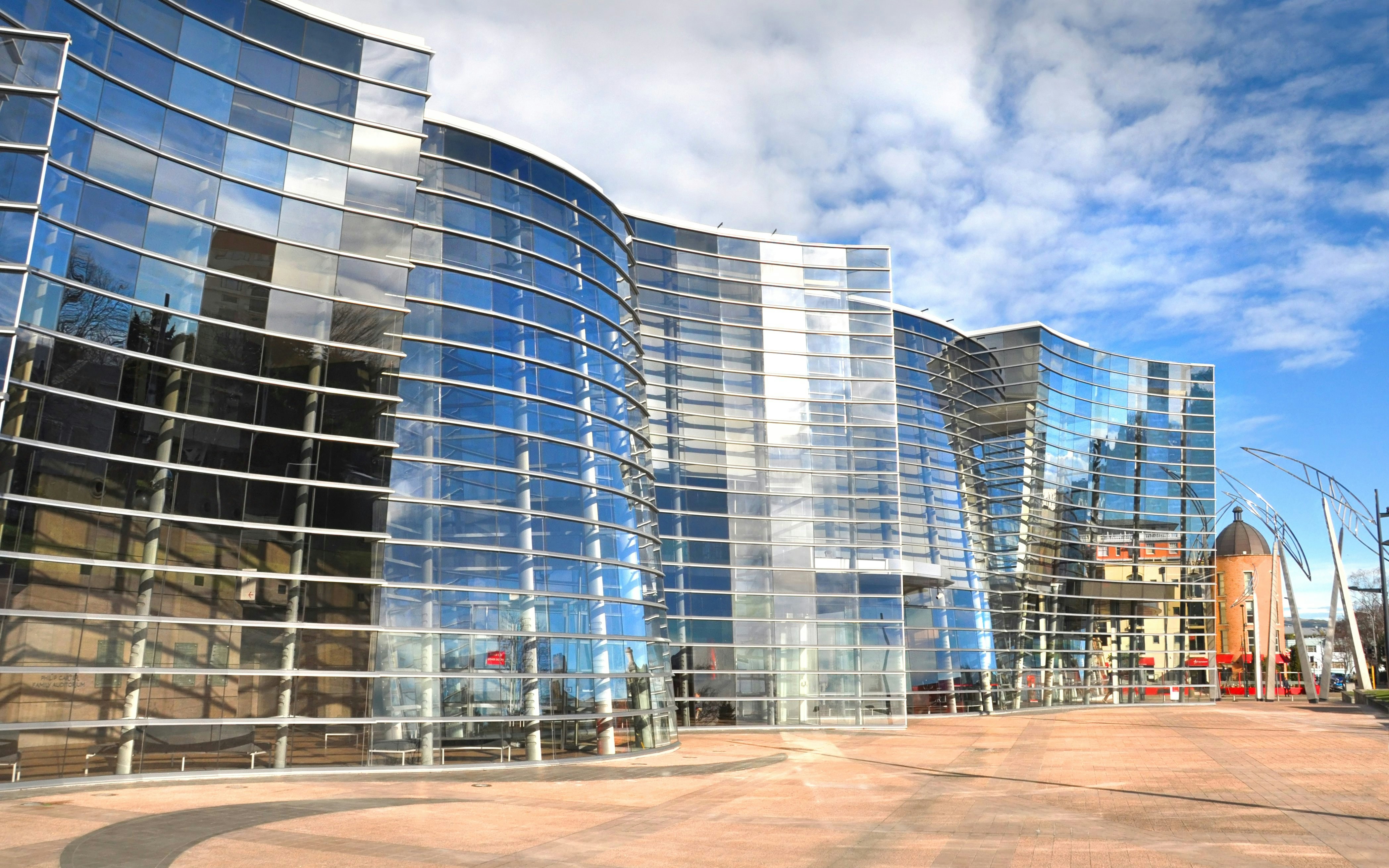 Christchurch Art Gallery's modern glass facade in New Zealand.