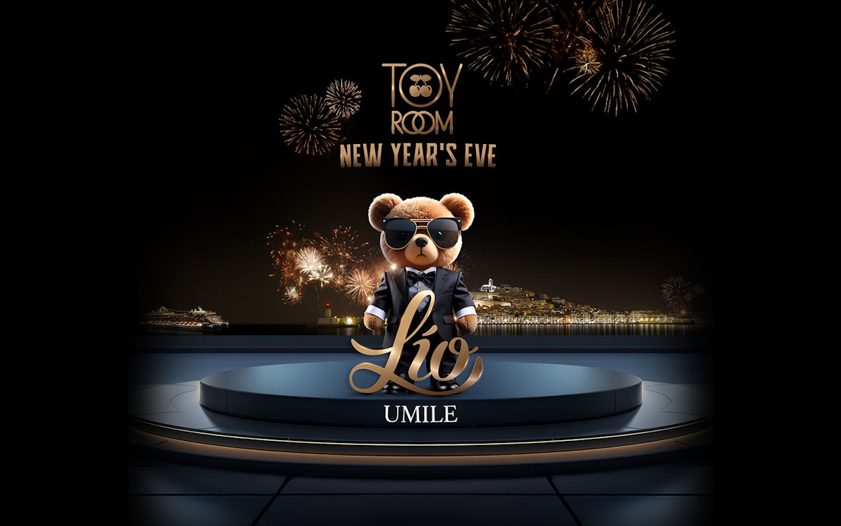 Toy Room Ibiza New Year's Eve event poster with fireworks and teddy bear in suit.