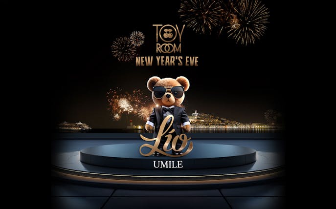 Toy Room Ibiza New Year's Eve event poster with fireworks and teddy bear in suit.