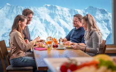 Dining with mountain view at Schilthorn Piz Gloria, Stechelberg.