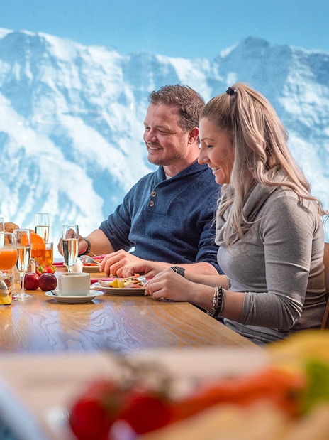 Dining with mountain view at Schilthorn Piz Gloria, Stechelberg.