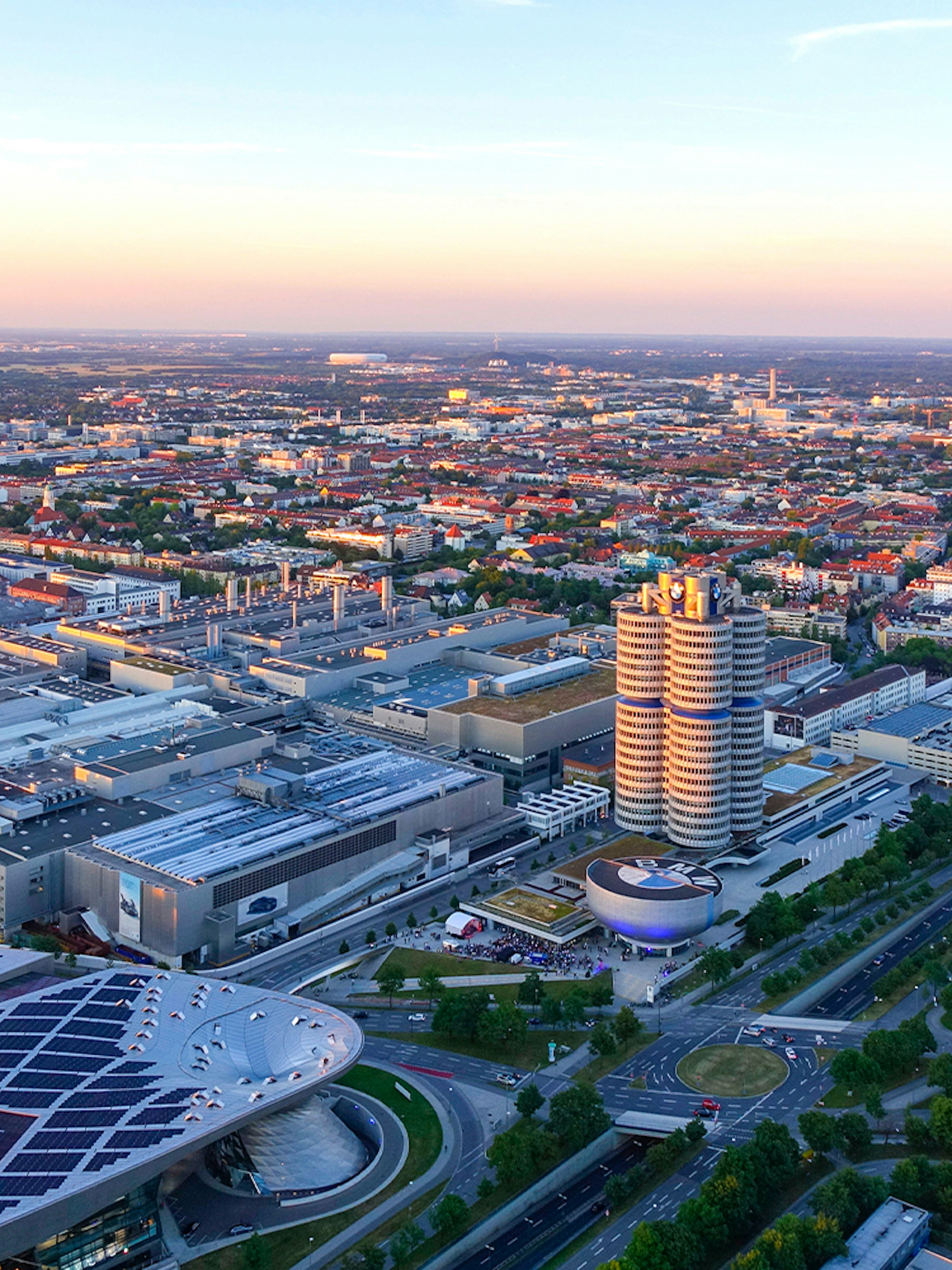 Aerial view of BMW Museum and headquarters in Munich, Germany.