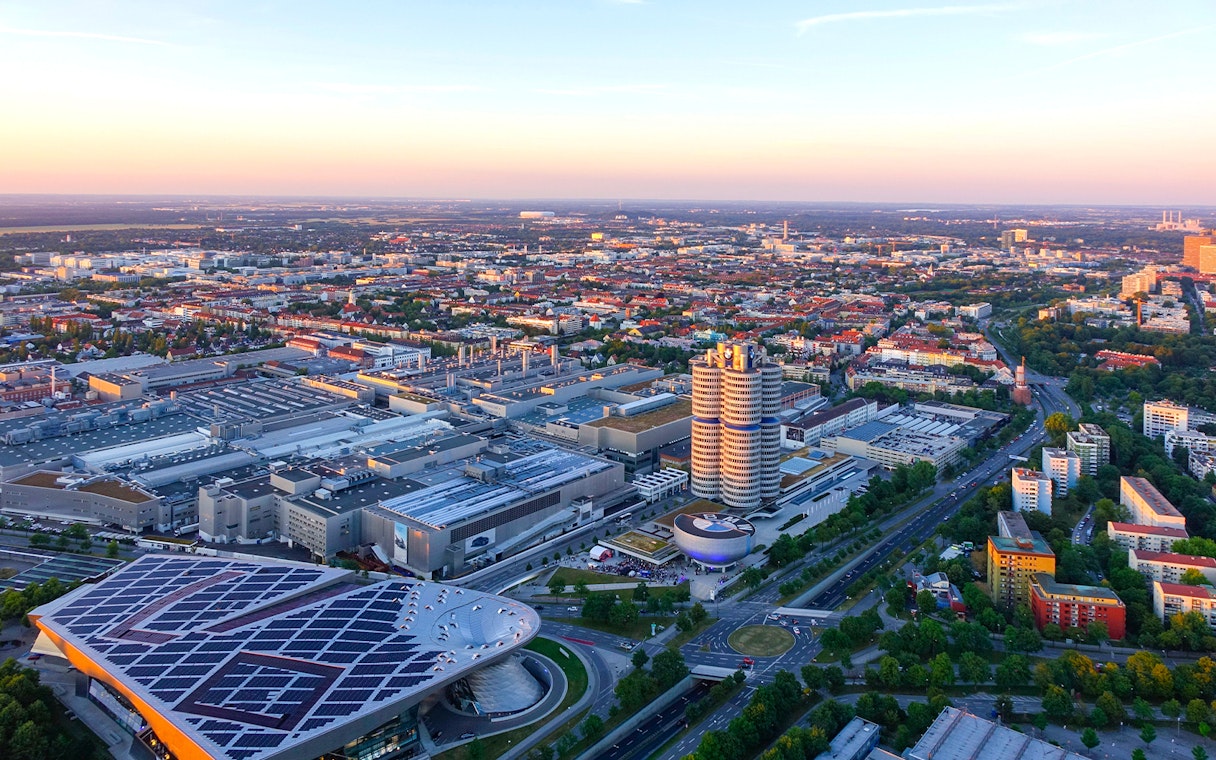 Aerial view of BMW Museum and headquarters in Munich, Germany.