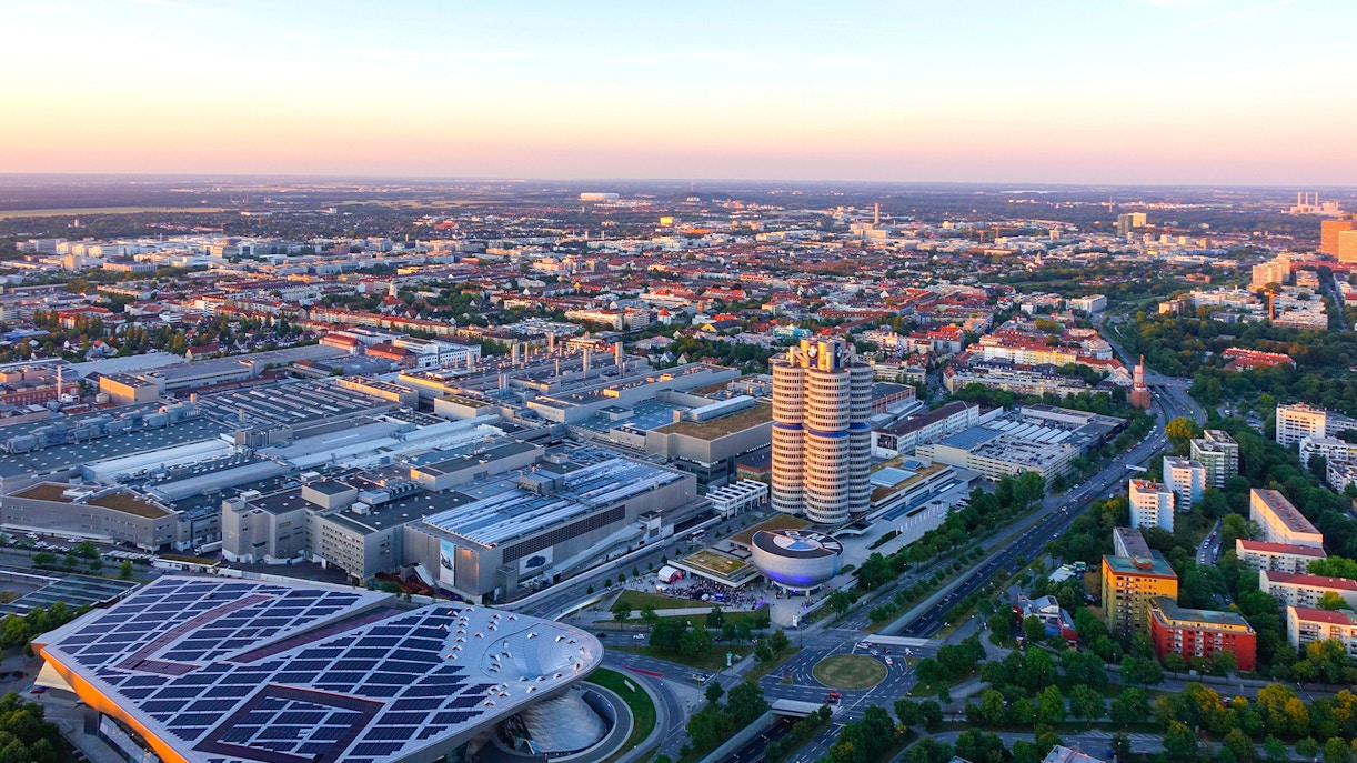 Aerial view of BMW Museum and headquarters in Munich, Germany.
