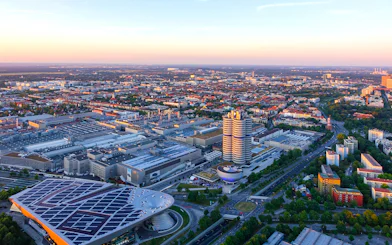 Aerial view of BMW Museum and headquarters in Munich, Germany.