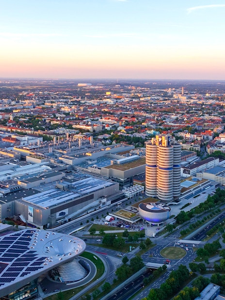 Aerial view of BMW Museum and headquarters in Munich, Germany.