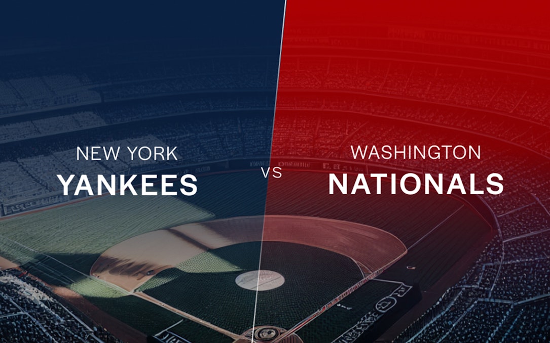 New York Yankees vs Washington Nationals game graphic with stadium background.