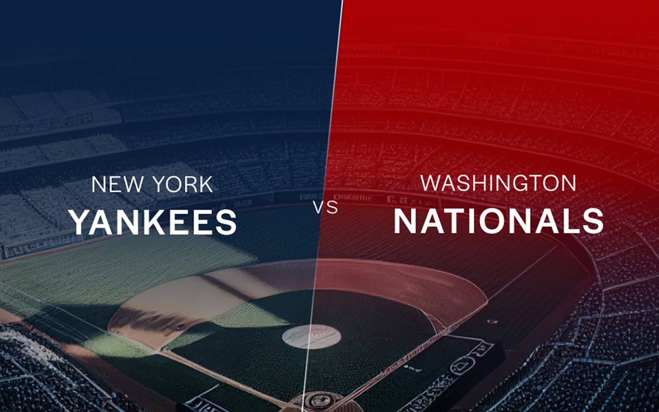 New York Yankees vs Washington Nationals game graphic with stadium background.
