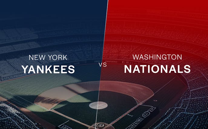 New York Yankees vs Washington Nationals game graphic with stadium background.